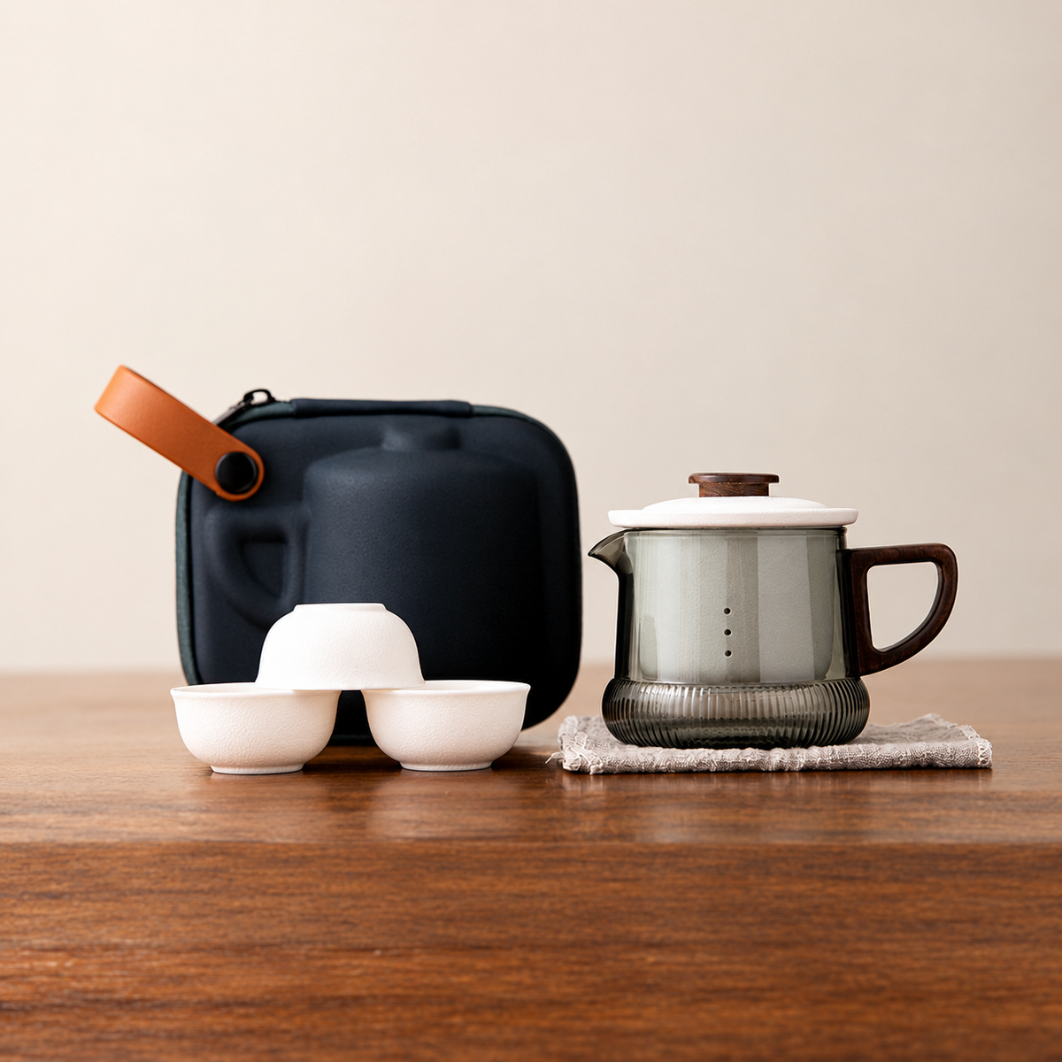 Matte White / Smoked Glass glass travel tea set with ceramic infuser and three cups