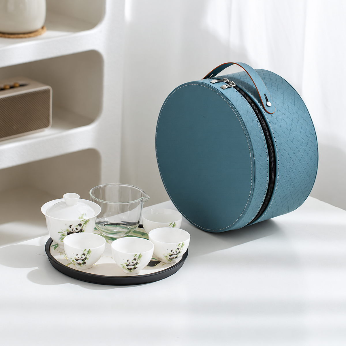 Four cup gaiwan travel tea set: panda and bamboo / blue case