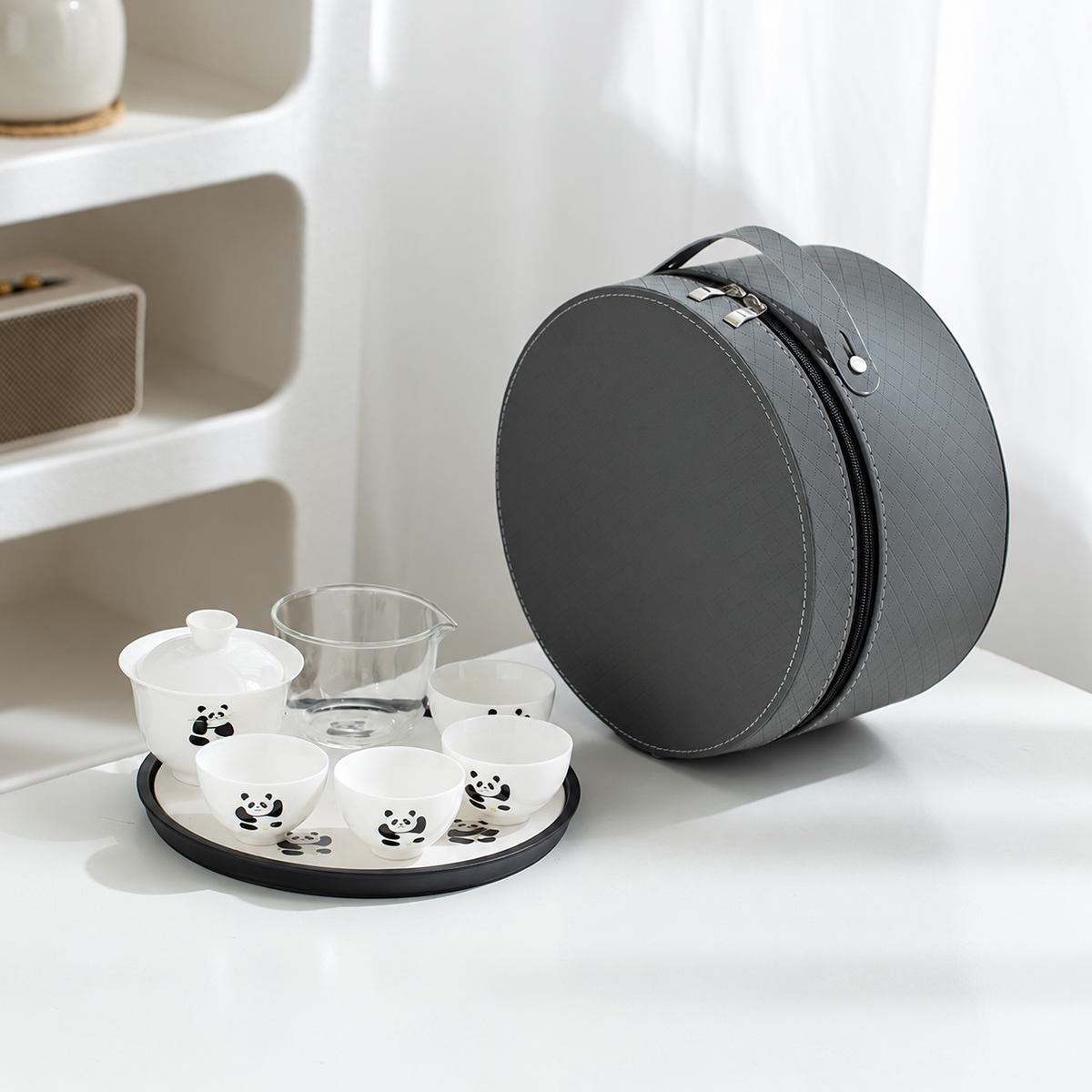 Four cup gaiwan travel tea set: playful panda / gray case