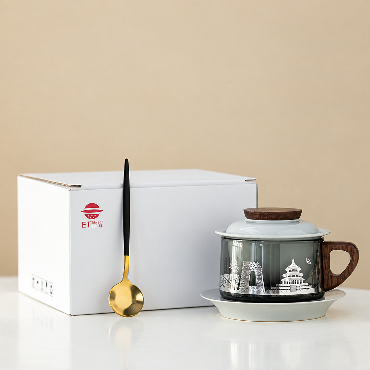 Beijing skyline glass tea mug with ceramic lid, saucer, spoon and white English-labelled box