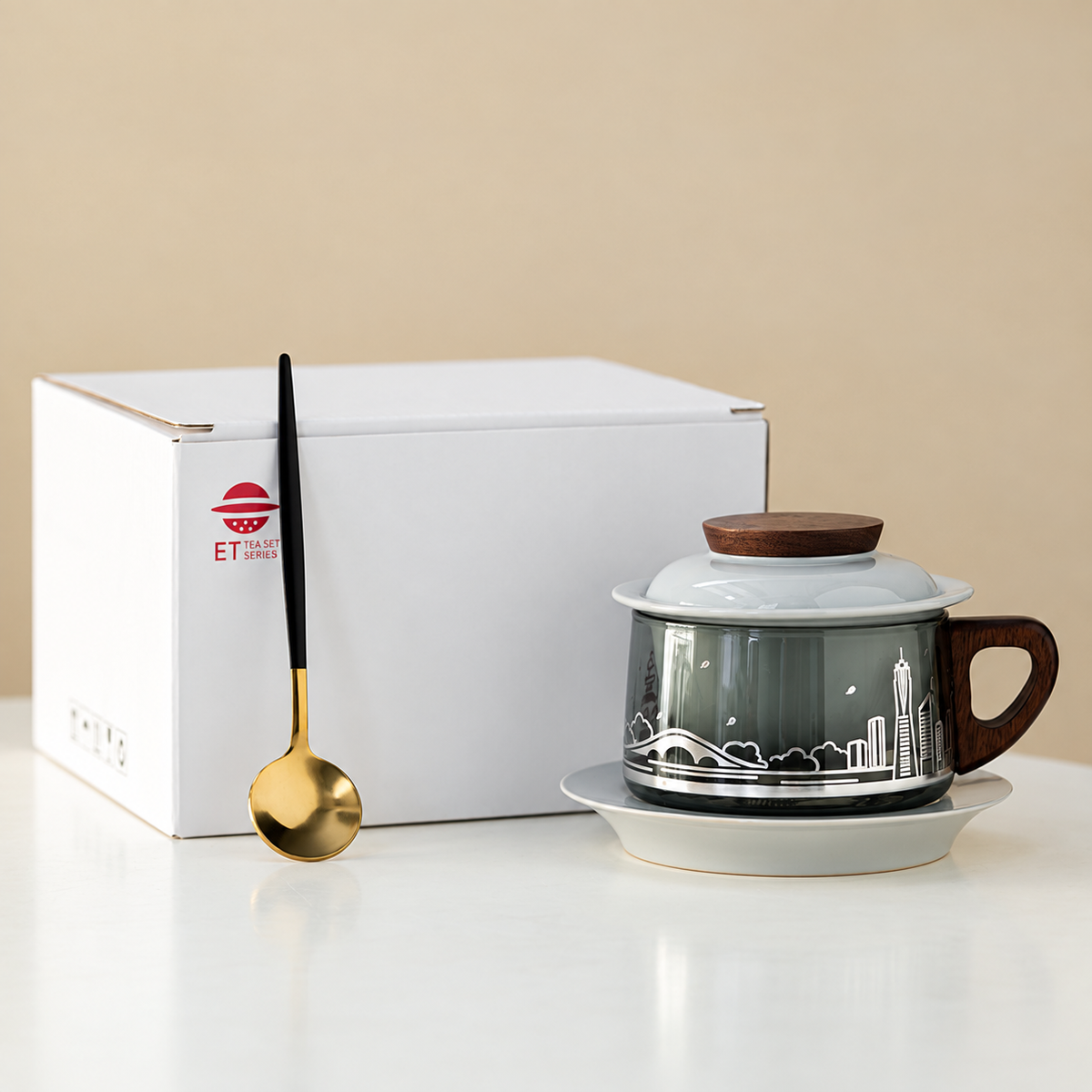 Hangzhou skyline glass tea mug with ceramic lid, saucer, spoon and white English-labelled box