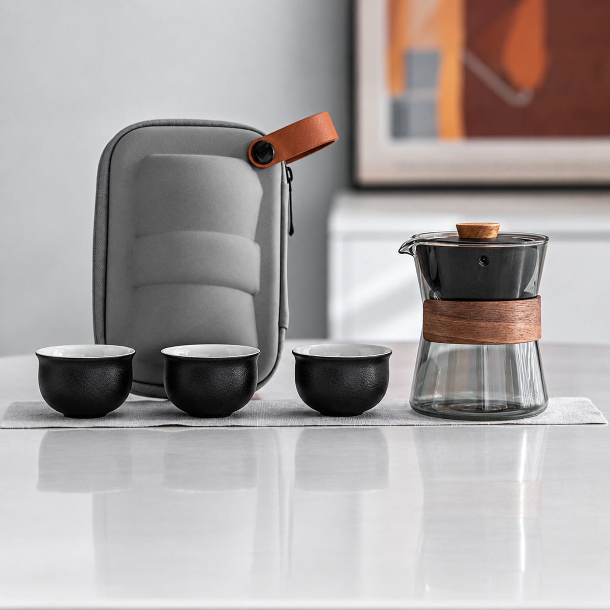 Black pivot infuser glass travel tea set with three cups