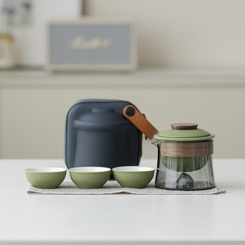 Matte Green / Gray Glass mountain-base glass brewer with ceramic infuser, three cups and blue carrying case