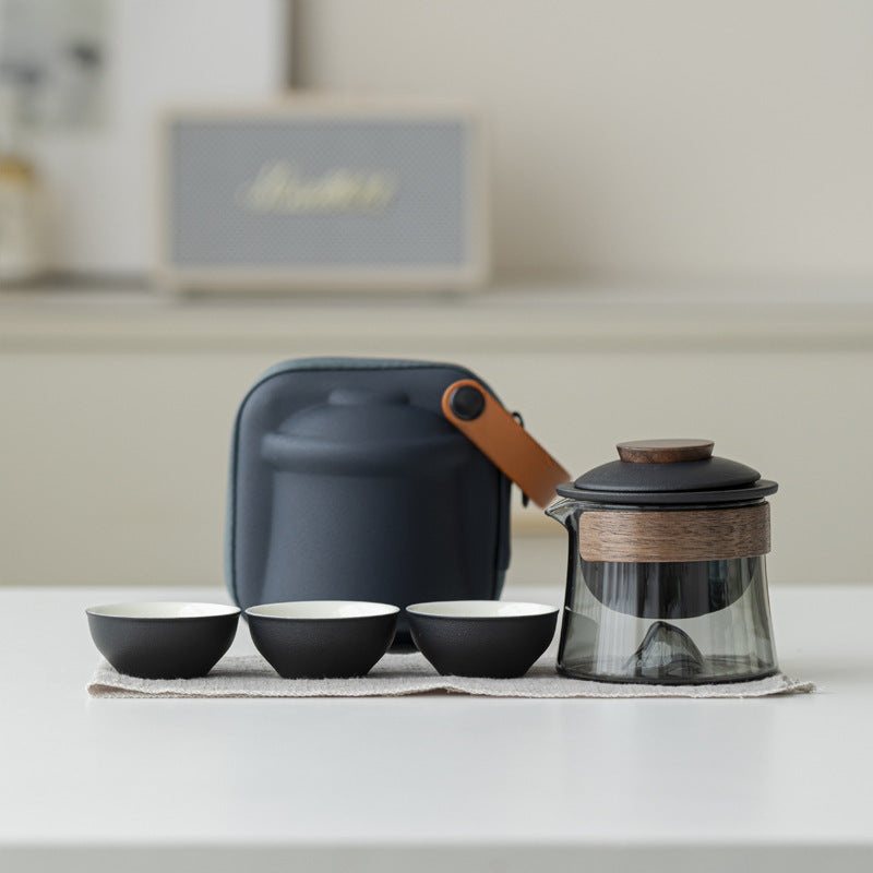 Matte Black / Gray Glass mountain-base glass brewer with ceramic infuser, three cups and blue carrying case