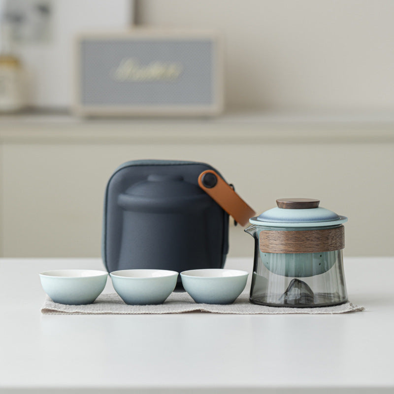 Iridescent Green / Gray Glass mountain-base glass brewer with ceramic infuser, three cups and blue carrying case