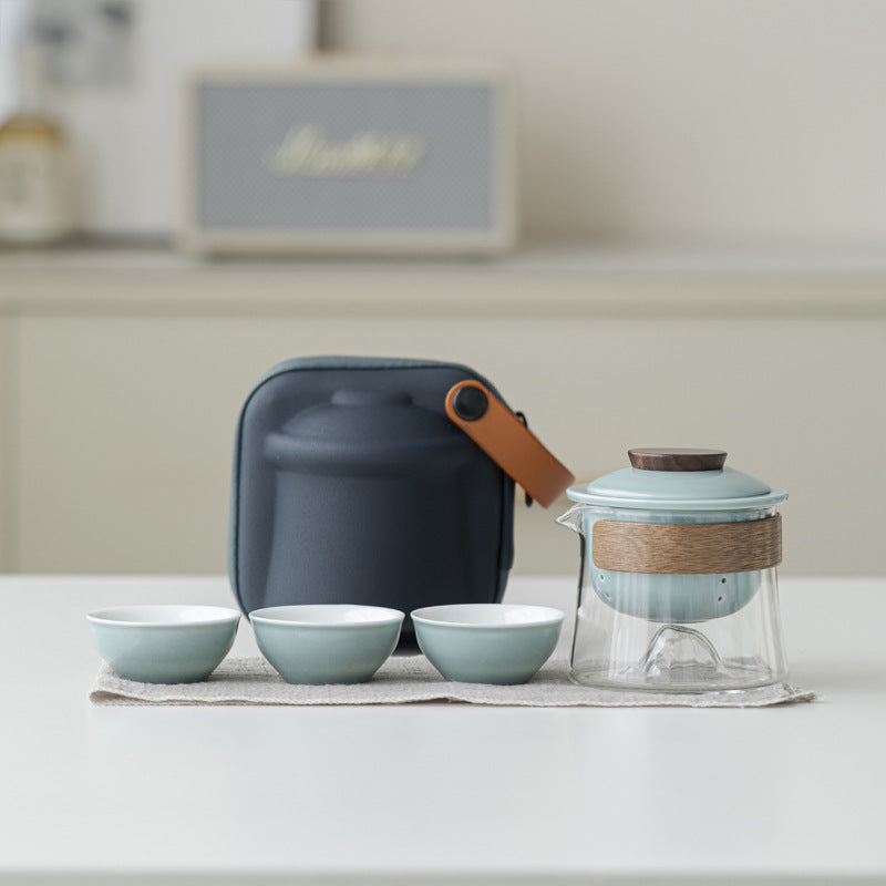 Pale Celadon / Clear Glass mountain-base glass brewer with ceramic infuser, three cups and blue carrying case