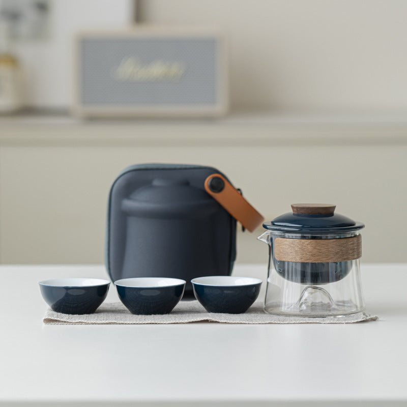 Glossy Blue / Clear Glass mountain-base glass brewer with ceramic infuser, three cups and blue carrying case