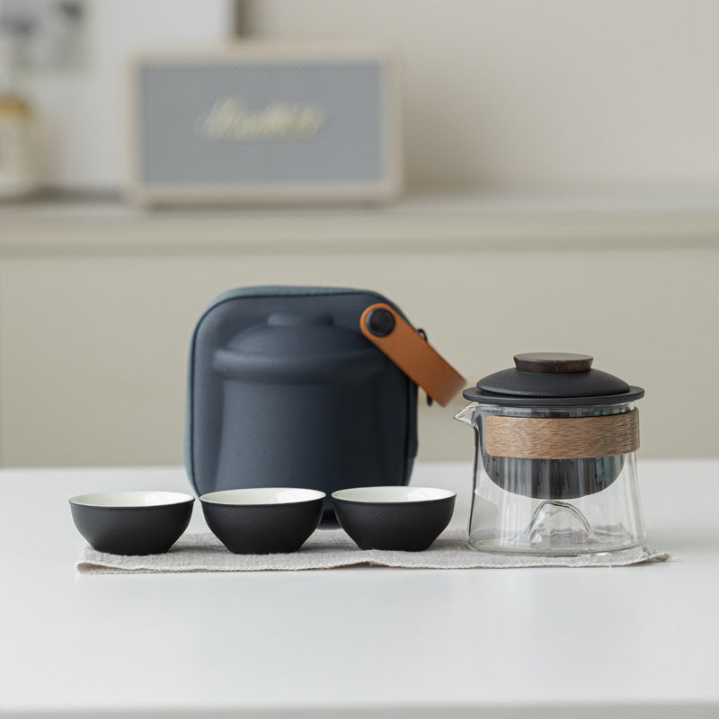 Matte Black / Clear Glass mountain-base glass brewer with ceramic infuser, three cups and blue carrying case