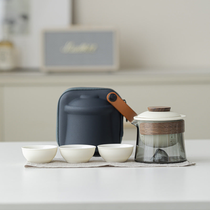 Ivory / Gray Glass mountain-base glass brewer with ceramic infuser, three cups and blue carrying case