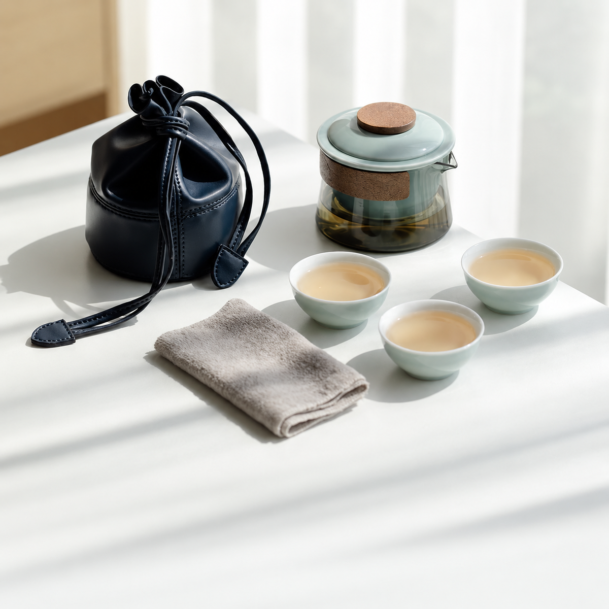 Glass tea brewer and three ceramic cups in celadon / drawstring pouch configuration