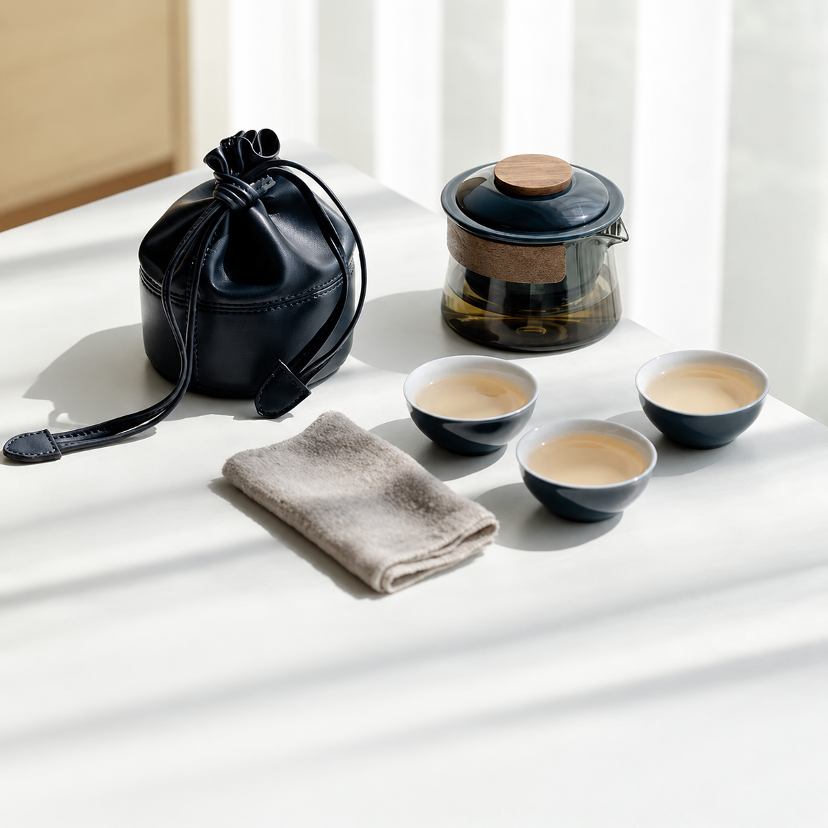 Glass tea brewer and three ceramic cups in dark blue / drawstring pouch configuration