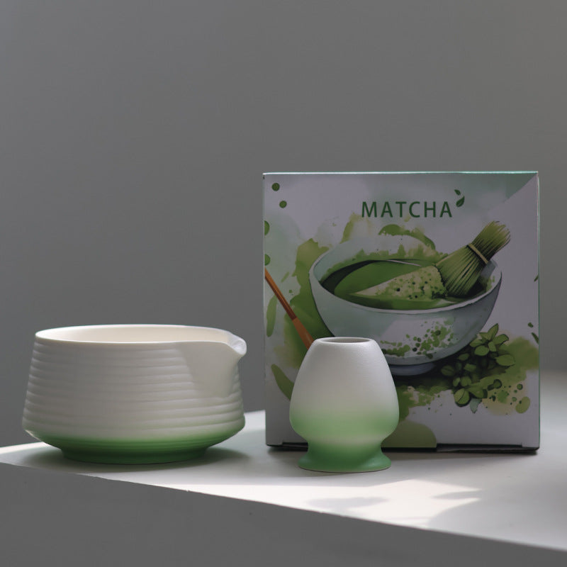 Green - 2 Pieces ribbed matcha bowl set with matching holder and its actual retail box
