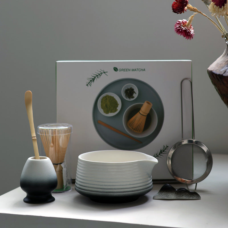 Black - 6 Pieces ribbed matcha bowl set with matching holder and its actual retail box