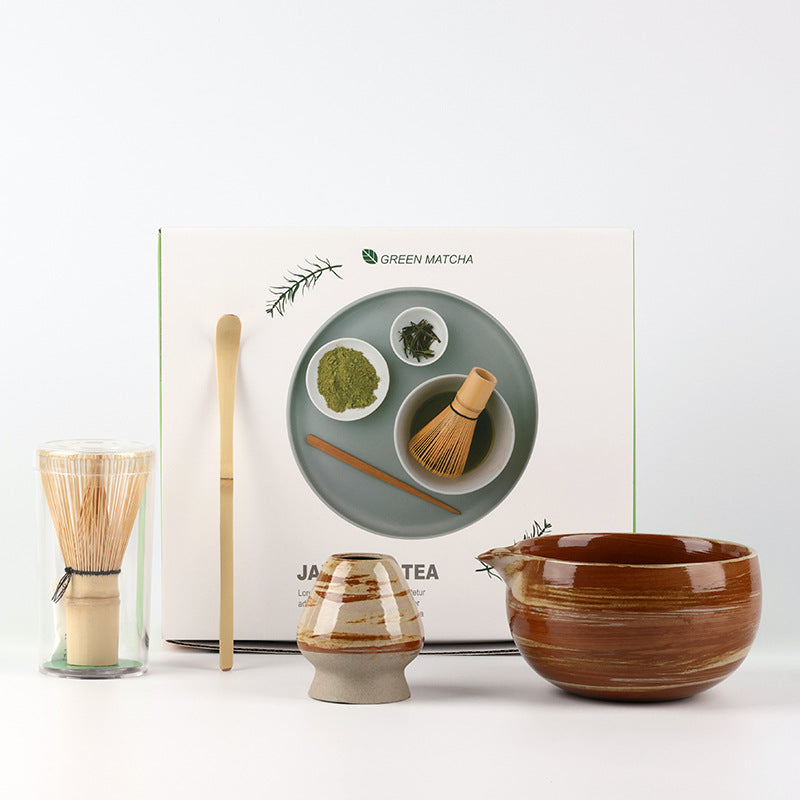 Smooth Coffee Brown / 4 Pieces ceramic matcha set with bamboo whisk and scoop