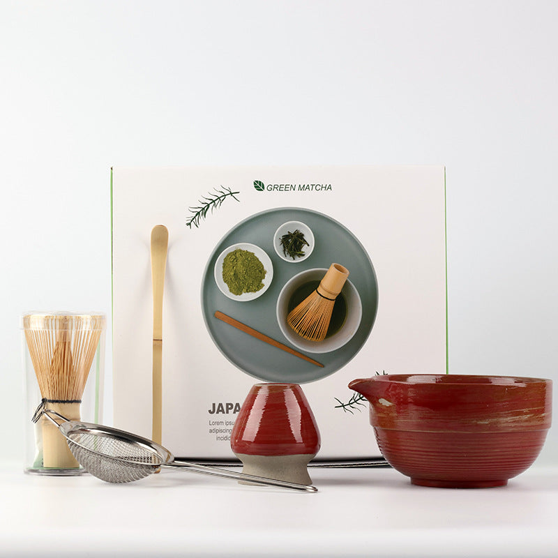 Ridged Deep Red / 5 Pieces ceramic matcha set with bamboo whisk and scoop