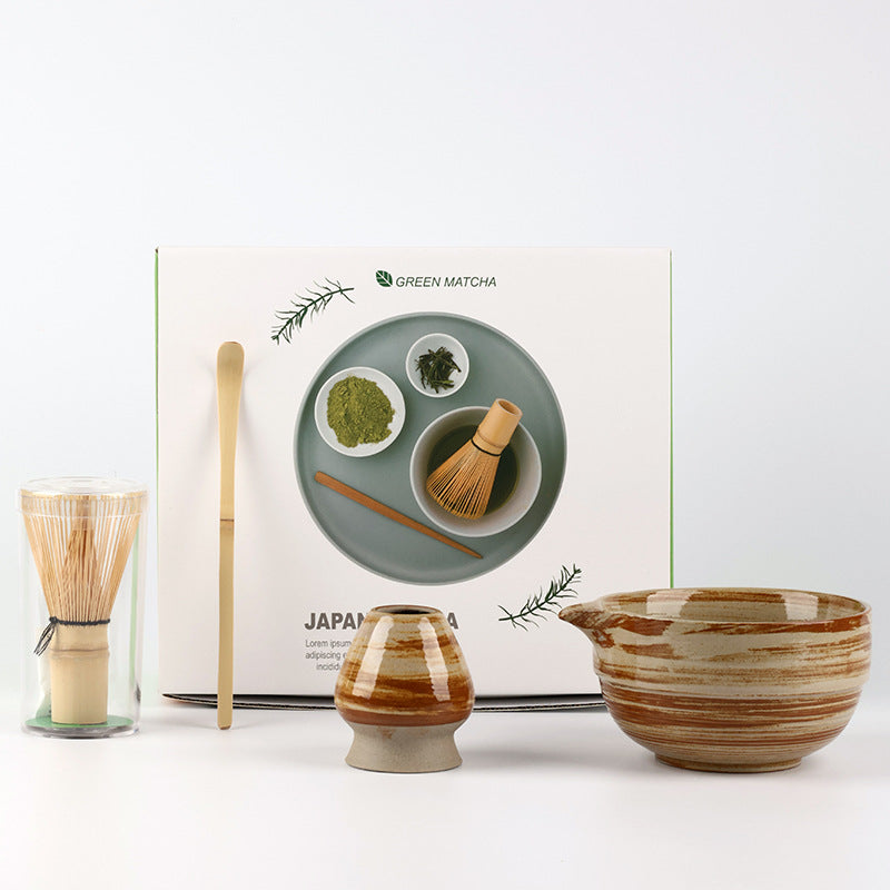 Ridged Coffee Brown / 4 Pieces ceramic matcha set with bamboo whisk and scoop