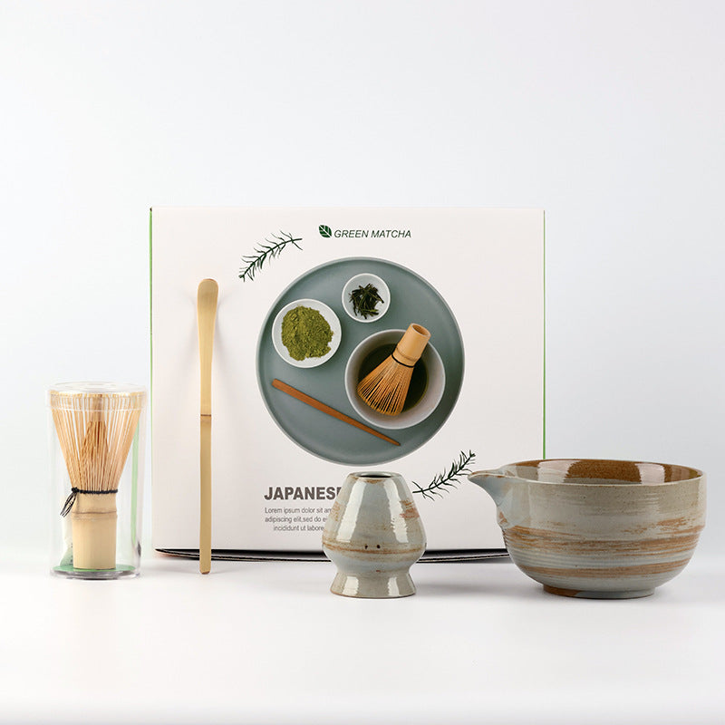 Ridged Stone Brown / 4 Pieces ceramic matcha set with bamboo whisk and scoop