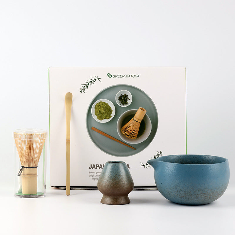 Smooth Blue / 4 Pieces ceramic matcha set with bamboo whisk and scoop