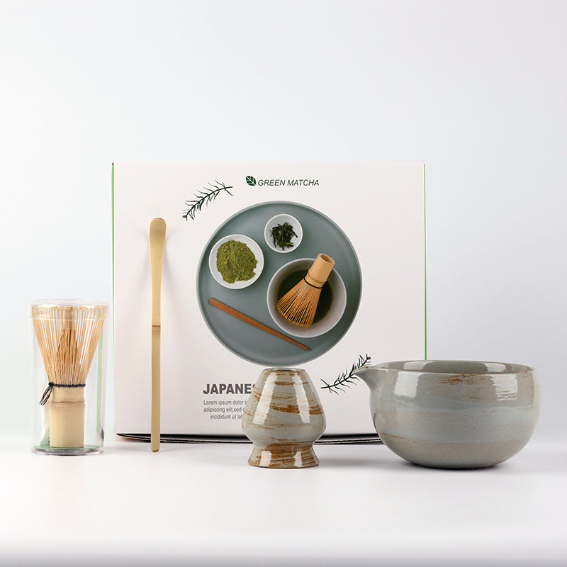 Smooth Stone Brown / 4 Pieces ceramic matcha set with bamboo whisk and scoop