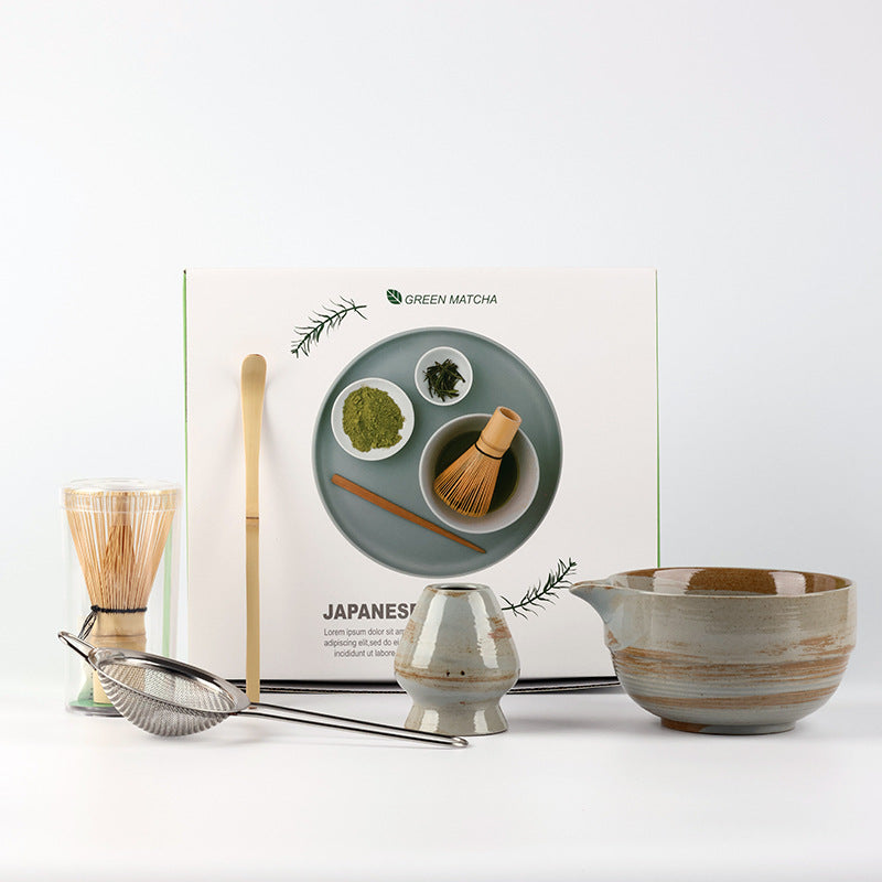 Ridged Stone Brown / 5 Pieces ceramic matcha set with bamboo whisk and scoop