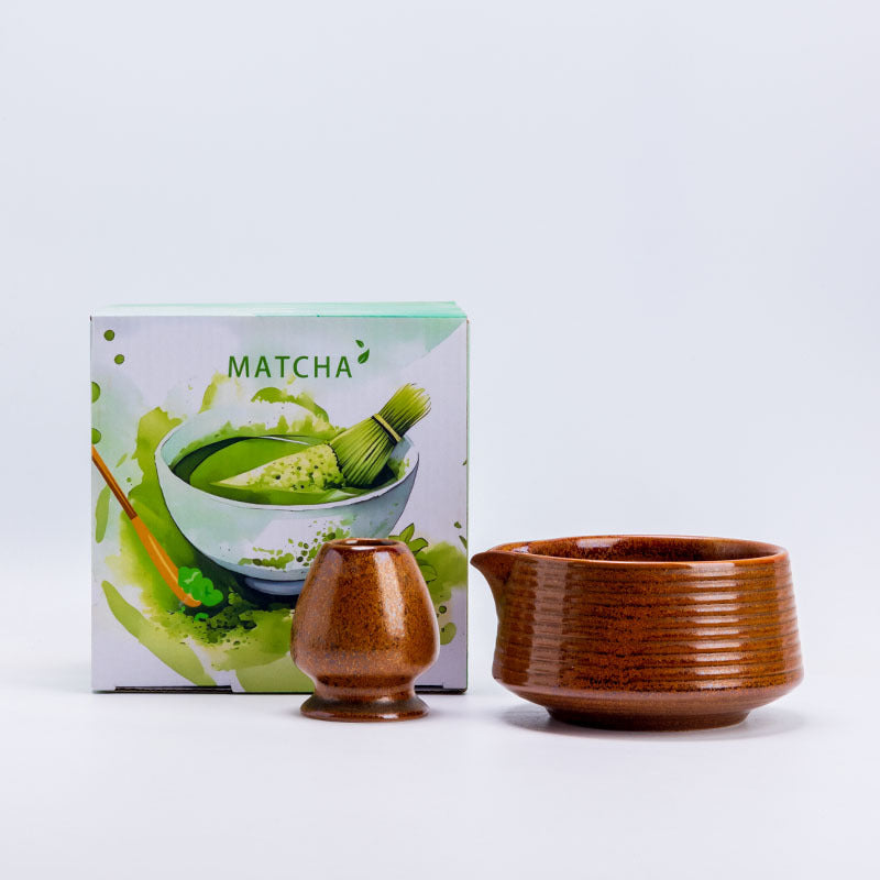 Spouted / Amber ceramic matcha bowl and matching whisk holder with the illustrated English MATCHA box