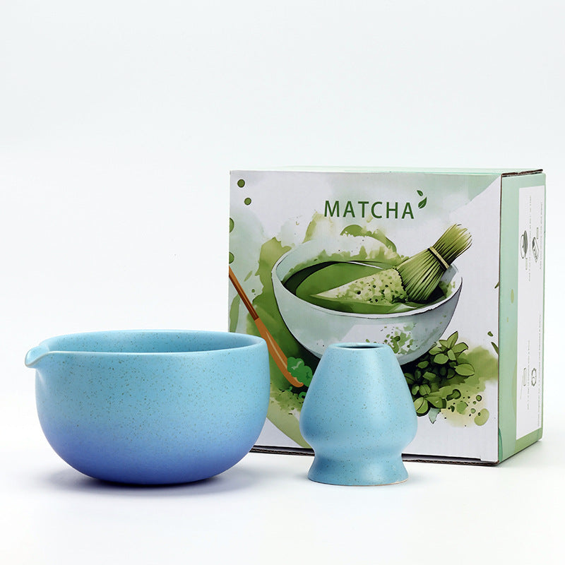 Sky Blue ceramic matcha bowl and matching whisk holder with its retail box