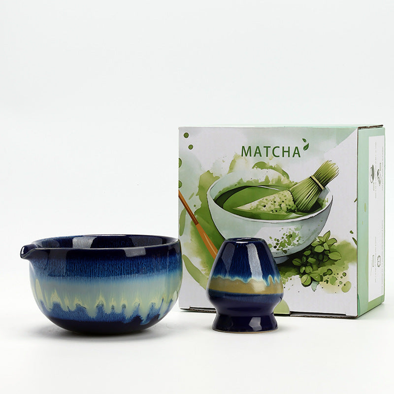 Blue and Green ceramic matcha bowl and matching whisk holder with its retail box