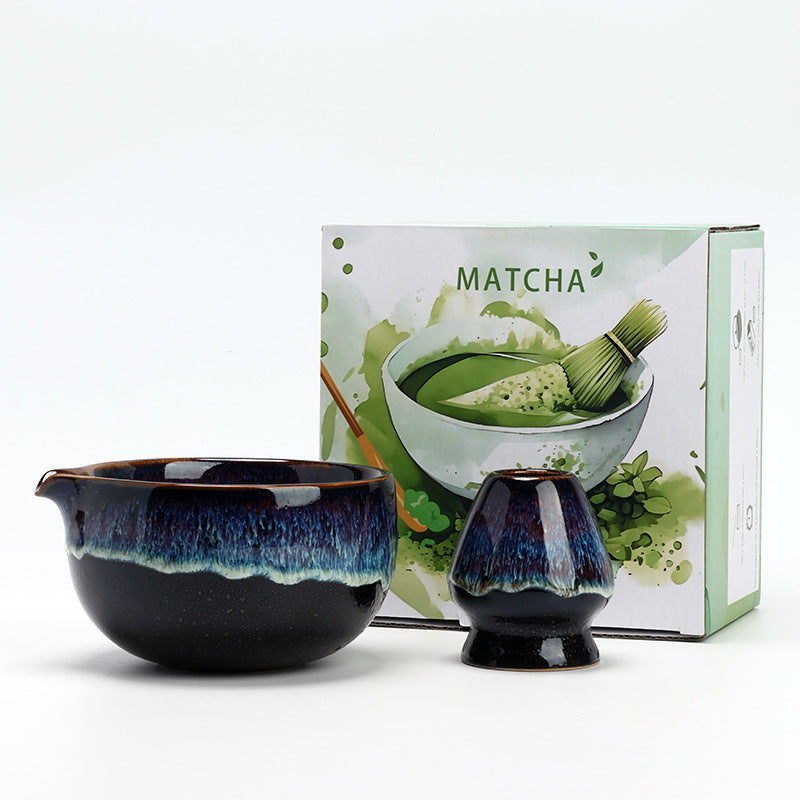 Midnight Blue ceramic matcha bowl and matching whisk holder with its retail box