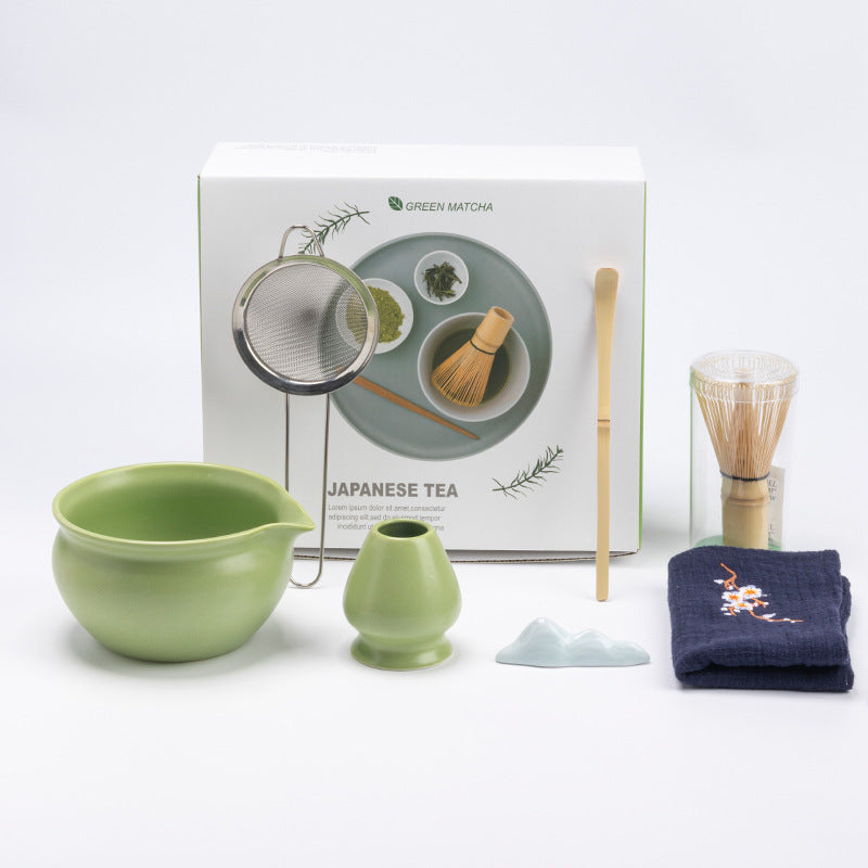 Light Green - 7 Pieces rounded ceramic matcha preparation set with the actual English retail box