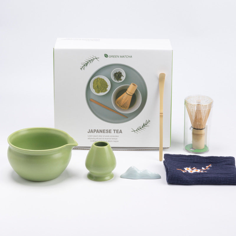 Light Green - 6 Pieces rounded ceramic matcha preparation set with the actual English retail box