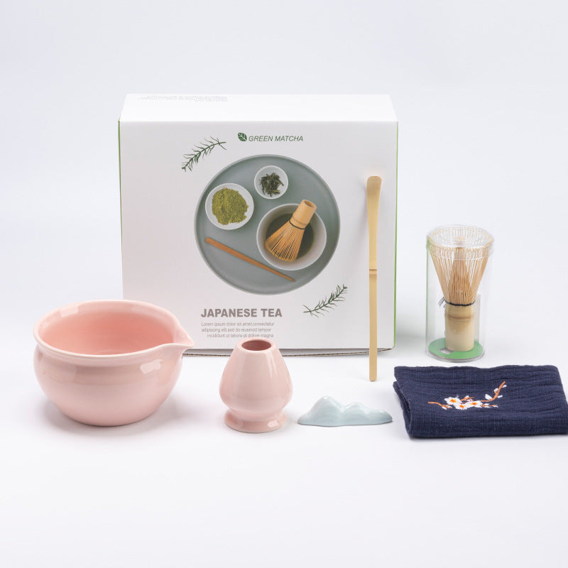 Pink - 6 Pieces rounded ceramic matcha preparation set with the actual English retail box