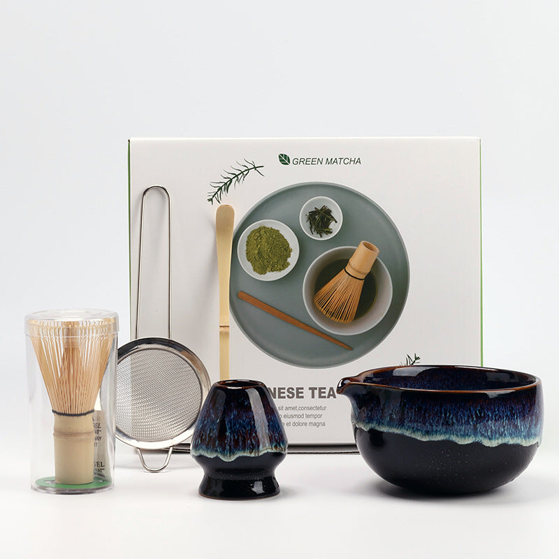 Reactive Midnight five-piece matcha set with ceramic bowl, holder, whisk, scoop, strainer and presentation carton