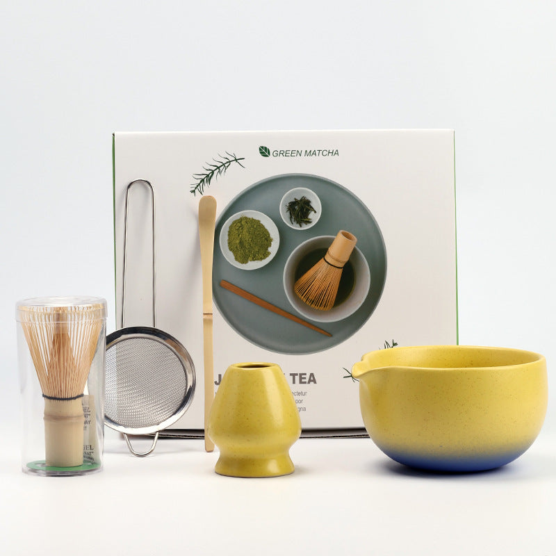 Yellow Blue Gradient five-piece matcha set with ceramic bowl, holder, whisk, scoop, strainer and presentation carton