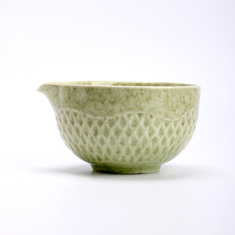 Matcha Green bowl profile showing the pouring lip and small hammered facets