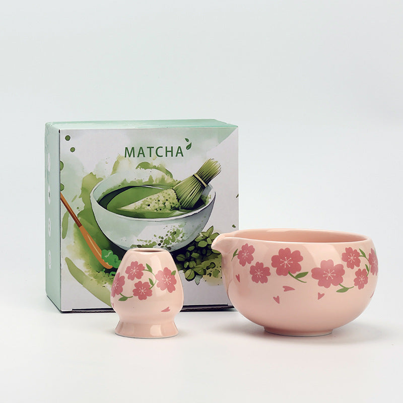 Pink cherry blossom matcha bowl and ceramic whisk holder with their English MATCHA presentation box