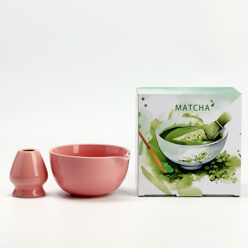 Chattered Texture - Blossom Pink ceramic bowl and coordinating whisk holder beside the associated MATCHA carton