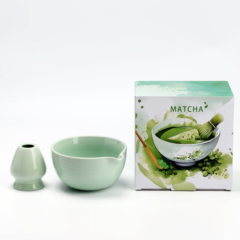 Chattered Texture - Celadon ceramic bowl and coordinating whisk holder beside the associated MATCHA carton