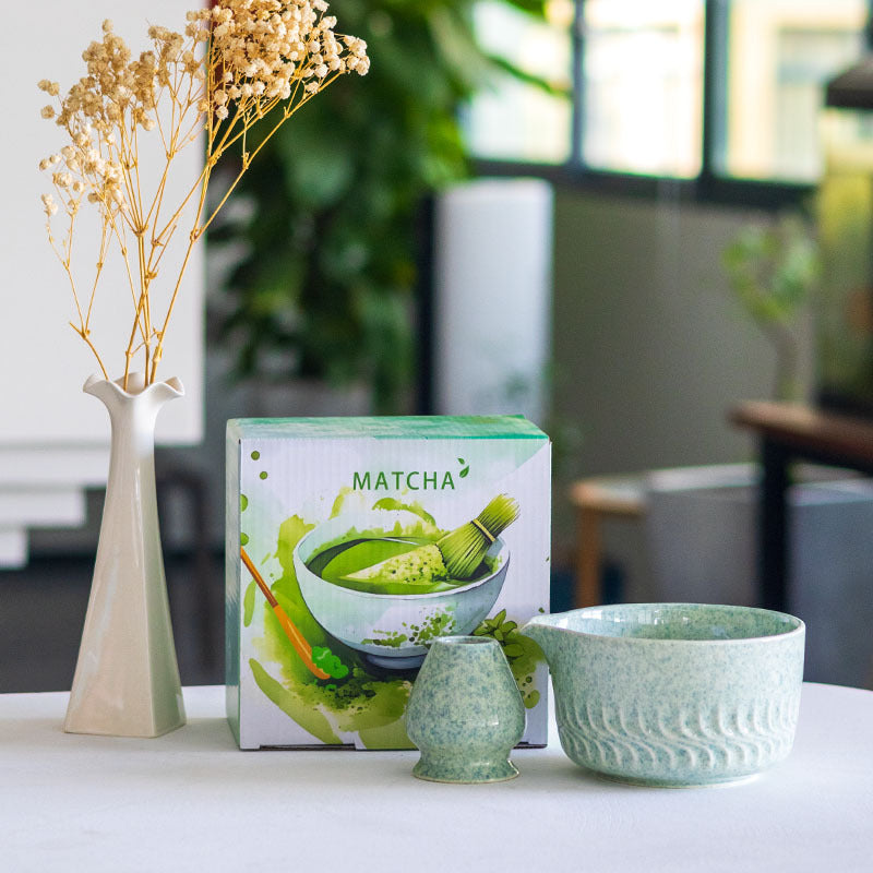 Speckled Green relief-pattern matcha bowl and matching whisk holder with illustrated MATCHA box
