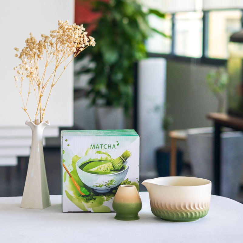 Green Gradient relief-pattern matcha bowl and matching whisk holder with illustrated MATCHA box