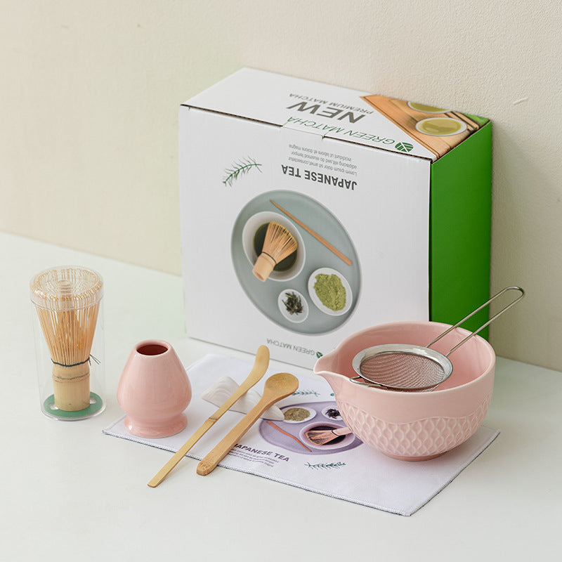 Pink diamond textured ceramic matcha set with tools, printed cloth, clear whisk tube and retail box