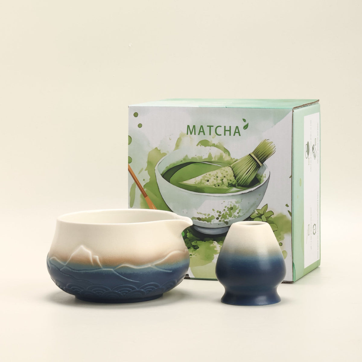 Blue Gradient ceramic matcha bowl and matching whisk holder with its retail box