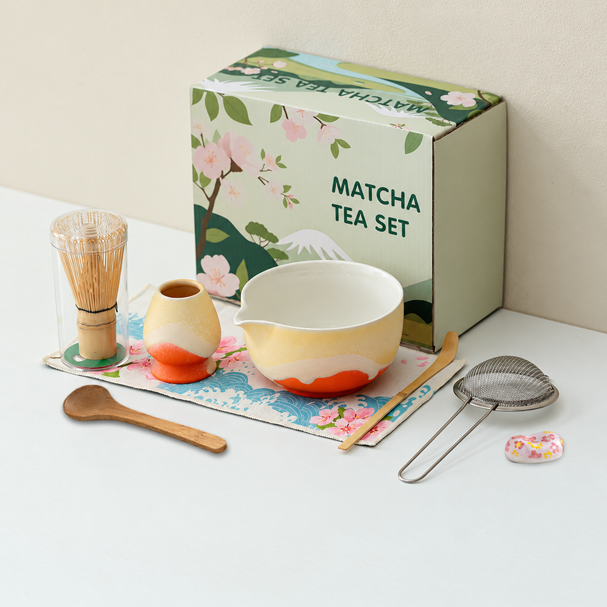 Sunset Orange / 8 Piece mountain glaze matcha preparation set with English floral box and clear whisk protection