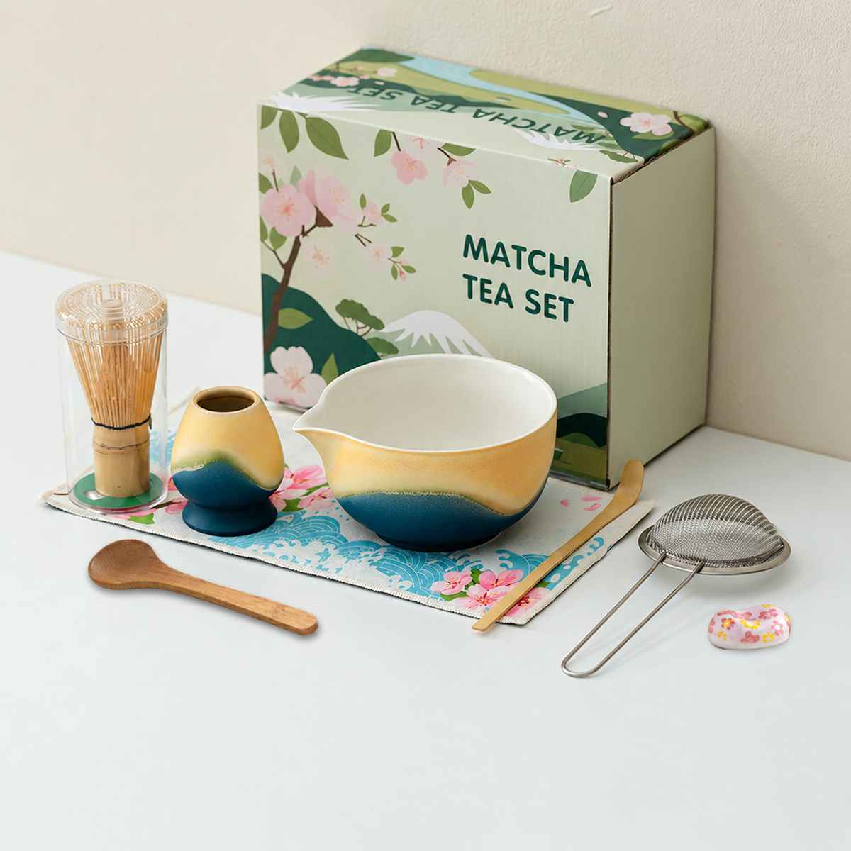 Ocean Blue / 8 Piece mountain glaze matcha preparation set with English floral box and clear whisk protection