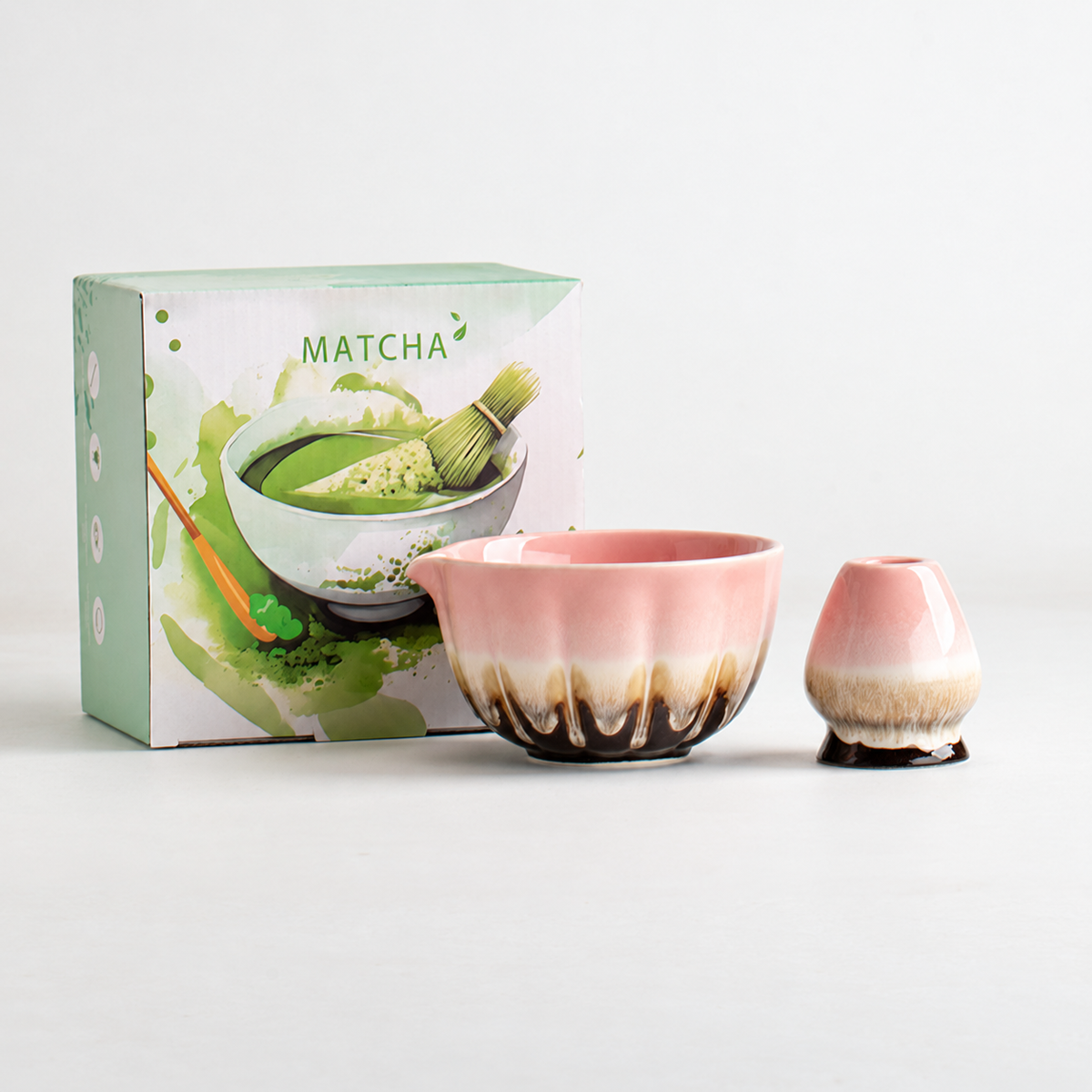 Pink / Fluted Bowl matcha bowl and coordinating whisk holder with English retail box