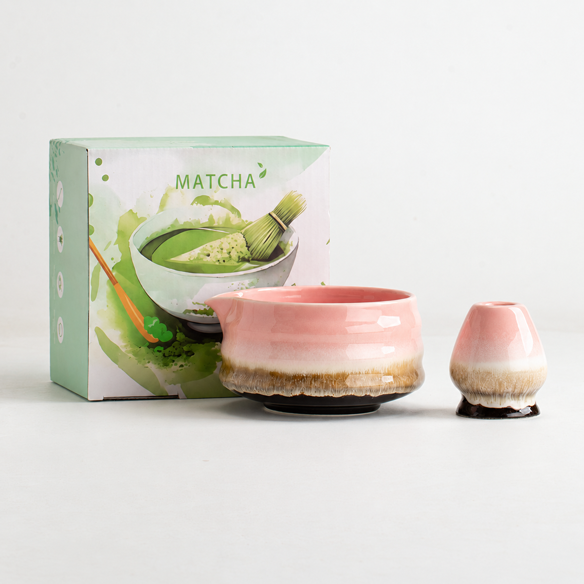 Pink / Banded Bowl matcha bowl and coordinating whisk holder with English retail box