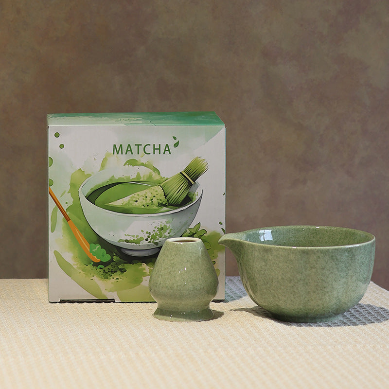 Style 11 - Deep Round ceramic matcha bowl and holder with the associated English MATCHA carton