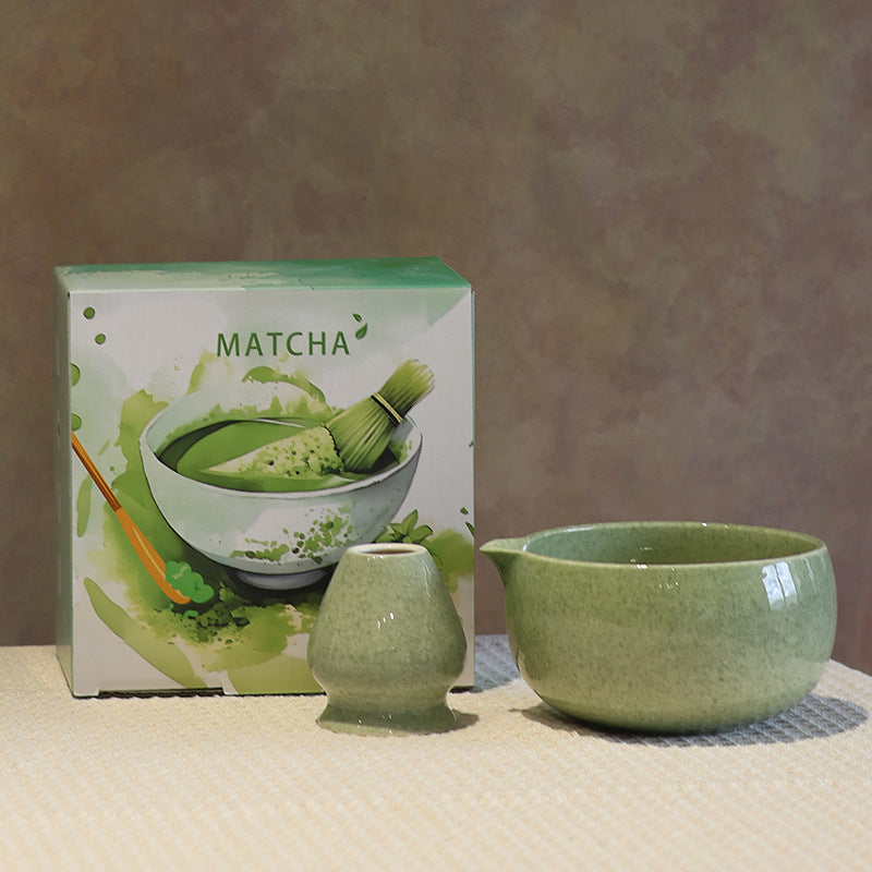 Style 14 - Rounded Sides ceramic matcha bowl and holder with the associated English MATCHA carton