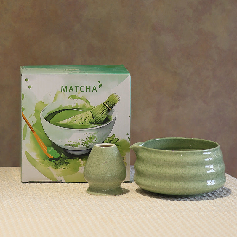 Style 10 - Wide Rings ceramic matcha bowl and holder with the associated English MATCHA carton