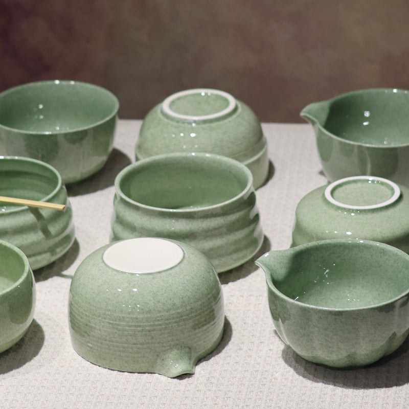 Green glazed bowl collection showing interior surfaces, side profiles and unmarked ceramic bases