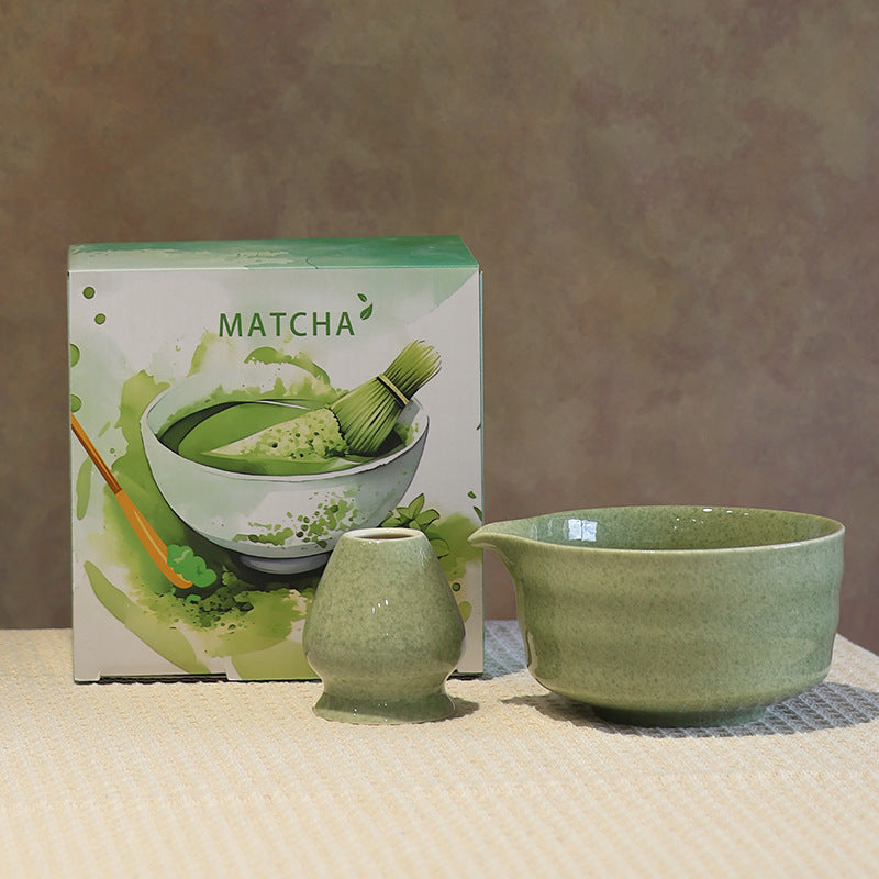 Style 15 - Straight Sides ceramic matcha bowl and holder with the associated English MATCHA carton